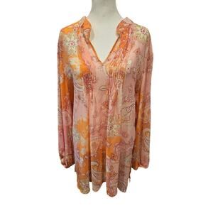 Susan Graver womems 1x plus pink orange paisley sheer long tunic top chiffon xl